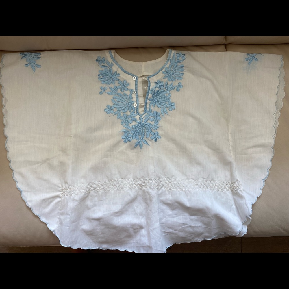 White Boho Angel sleeve blouse with blue embroidery